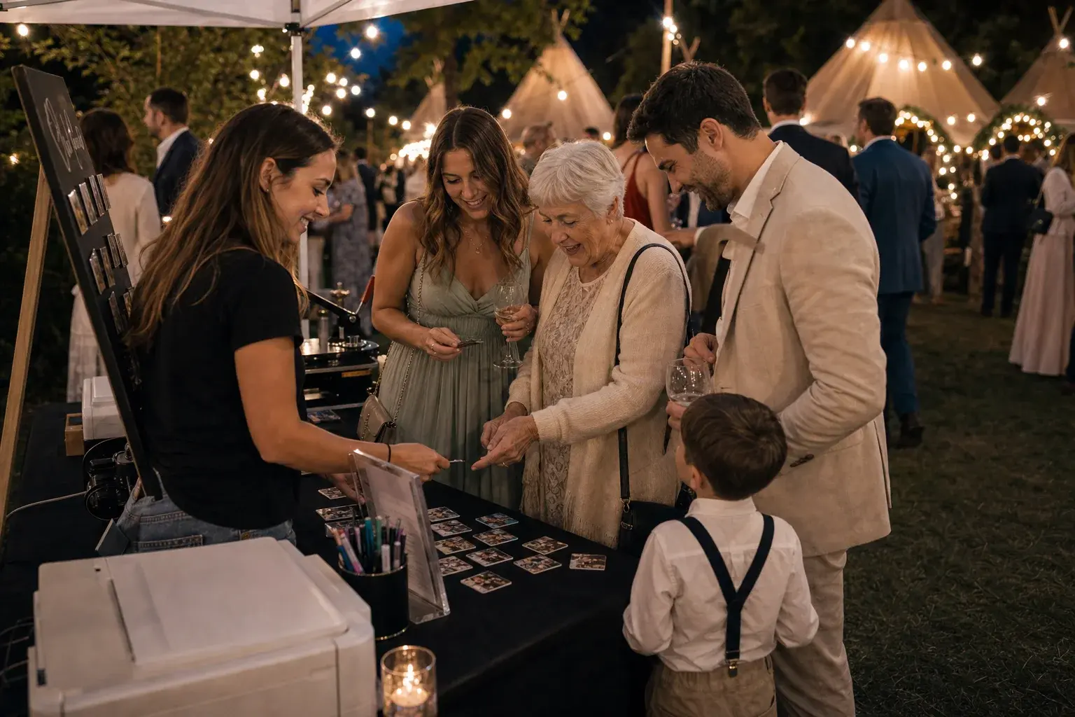 Mesa de evento con impresora y packs de imanes en una celebración